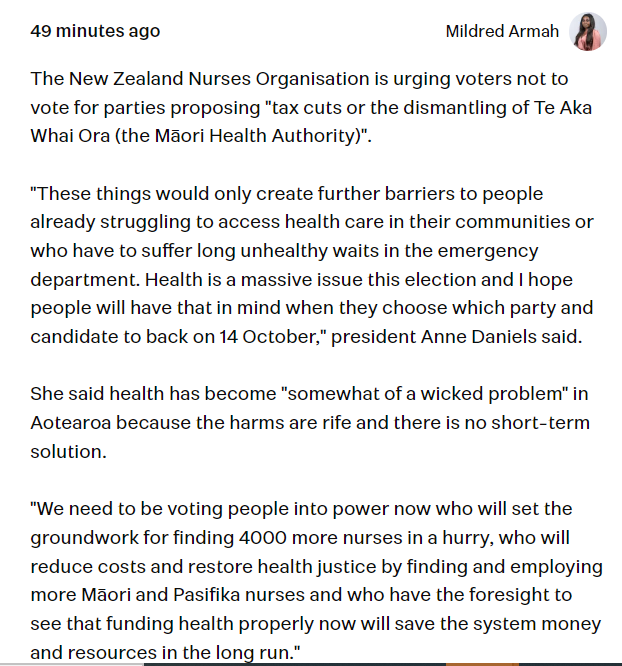 truereckons1's tweet photo. The Nurses Union seem to have made a great case to #VoteNational.
Stop the waste and duplication of a Maori Health Authority and target better outcomes.

Nurses are rightly ignoring this fuckwits  union and voting National. https://t.co/5Y638xCg0e