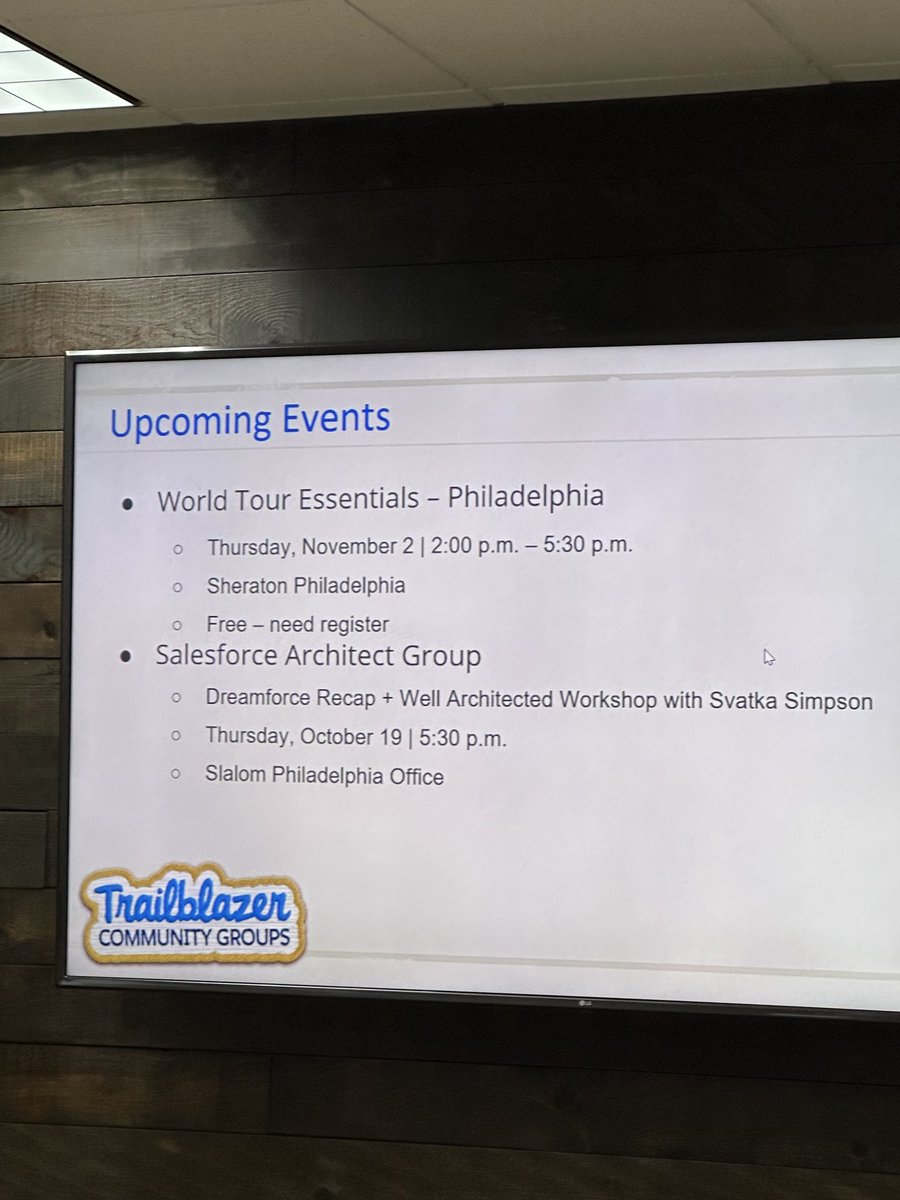Upcoming area events:

salesforce.com/world-tour/ess…   trailblazercommunitygroups.com/events/details…