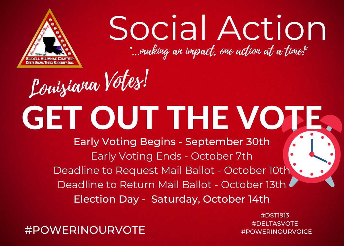 dstslidell's tweet photo. LET'S VOTE! Time to get to the polls. The deadline to return a mail ballot is TODAY and Election Day is TOMORROW.
Slidell Alumnae took a pledge to vote and we will fulfill it. Won't you join us??
#SlidellAlumnaeVotes #PowerInOurVoice #seatatthetable #dstslidell #SWR #DST1913 https://t.co/gyc2jJ4EVZ