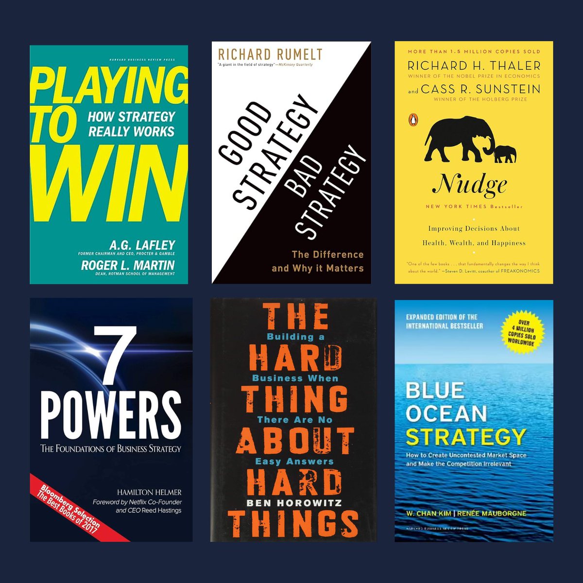 5 Books that completely changed how I approach and think about Strategy:

- Playing to Win by Roger L Martin
- Good Strategy Bad Strategy
- Nudge 
- 7 Powers 
- The Hard Thing About Hard Things
- Blue Ocean Strategy

What would you add?
