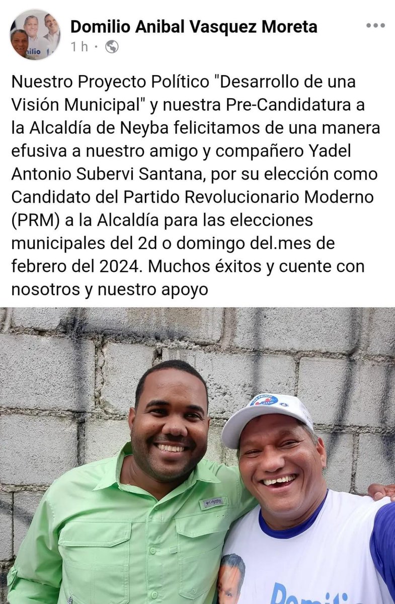 Una actitud DEMOCRÁTICA que debería ser imitada por TODOS los políticos. Felicidades a ambos, a YADEL por resultar favorecido y a Domilio por la madurez expresada. Ahora TODOS hacer que PRM👍 sea preferido en 2024 <a href="/luisabinader/">Luis Abinader</a> <a href="/DelisHerasme/">OBSERVATORIO</a> <a href="/drmariolama/">Dr. Mario Lama</a> <a href="/PRM_Oficial/">PRM</a> <a href="/JosePaliza/">Jose Paliza</a>
