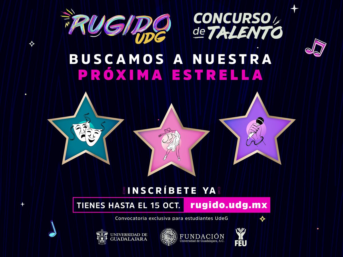 UDGPlus's tweet image. Estamos buscando a las próximas estrellas ⭐️ de la #RedUdeG!  

Invitamos a las y los estudiantes de la #RedUdeG a escuchar el llamado del #RugidoUDG y demostrar su talento.

Inscríbete antes del 15 de octubre rugido.udg.mx