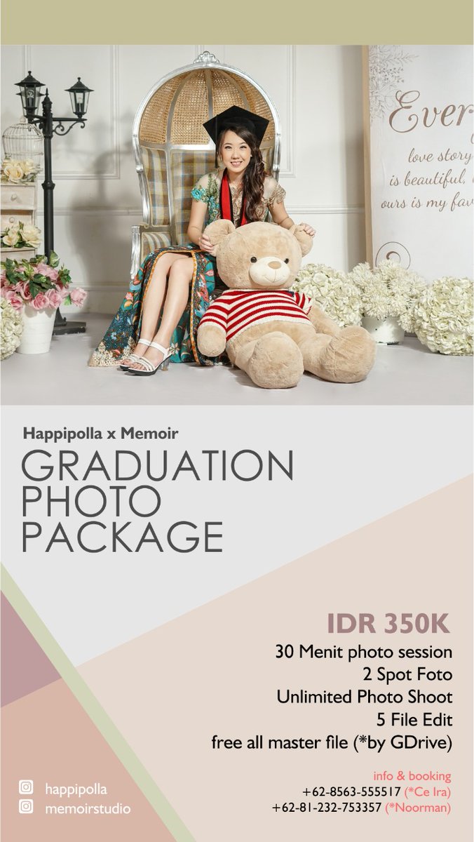 Hai, yg lg cari tempat utk Graduation photo. Mulai dari 350rb saja. Studio luas &amp; bersih. Jadwal minggu ini tersisa hari jumat diatas jam 2 siang, dan minggu tinggal 3 slot saja. Hari sabtu fullbook. 
15 wisudawan/day, jadi gak umpel2an 🥰 silahkan yg mau book, chat WA saja 🥰