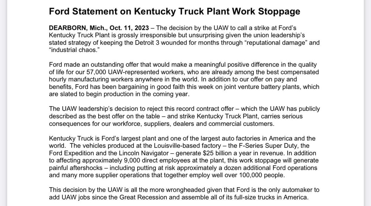 mtruby's tweet photo. Ford statement on the work stoppage at Kentucky Truck Plant https://t.co/4QSW8ZEgWk