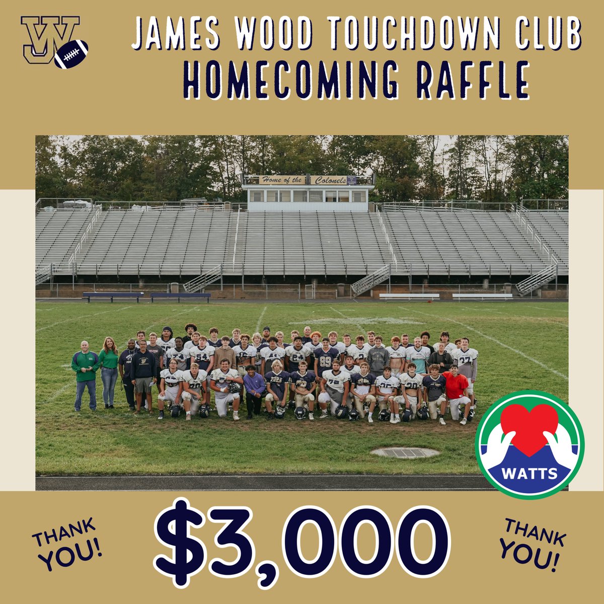 With your help our WATTS raffle was able to raise $3,000!!! THANK YOU to our basket donors, businesses and anyone who bought a raffle ticket!!!! 💙🏈💛