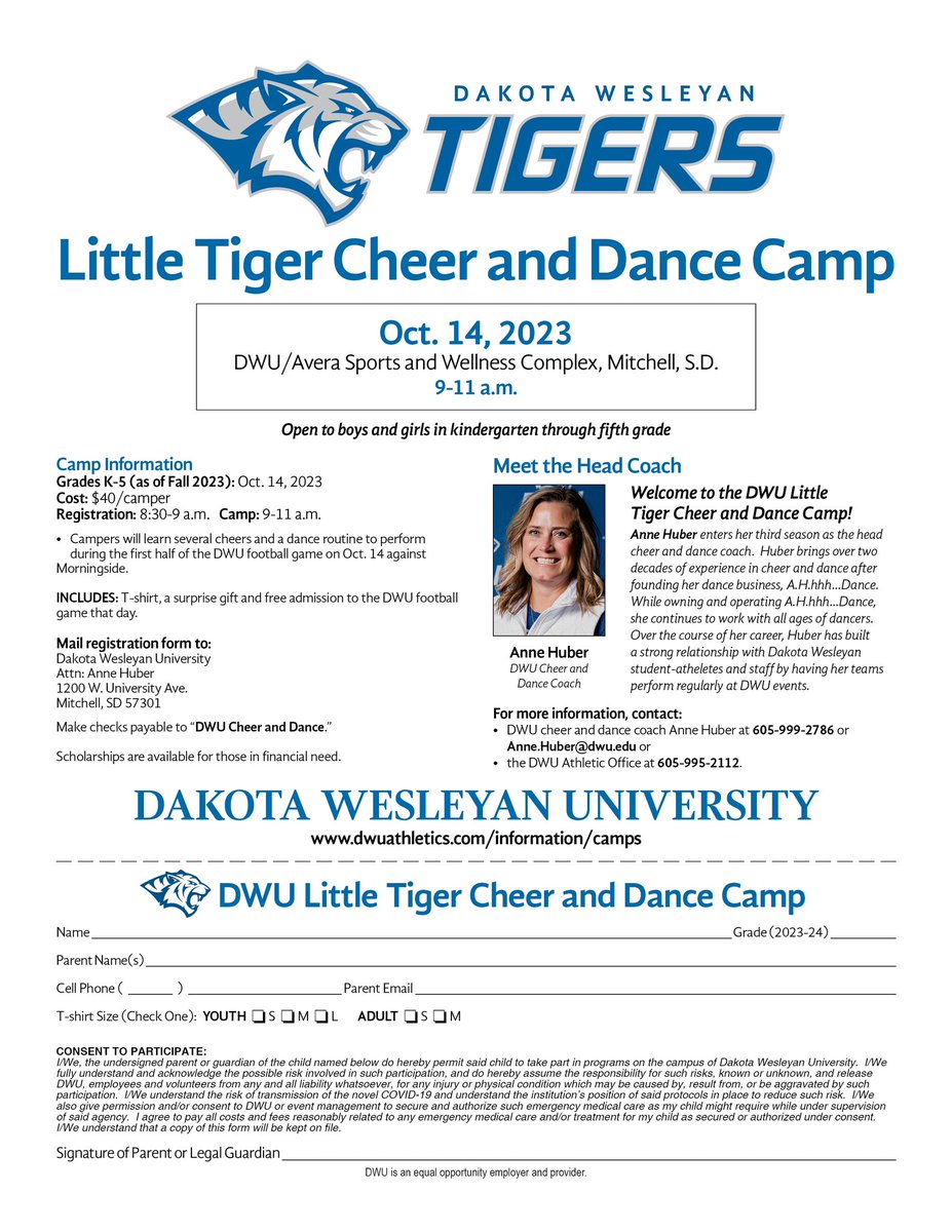 DWTigerCheer's tweet photo. Last chance to get signed up for our Little Tiger Cheer and Dance Camp! 
Saturday, October 14, 2023 beginning at 9 am
We are so excited to Cheer and Dance with future Tigers!! 💙💙 https://t.co/F4kuAZaFey
