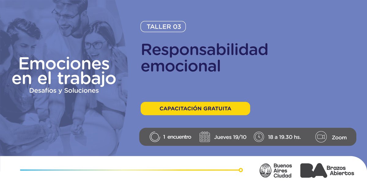 ¡Llega el 3er taller del programa “Emociones en el trabajo: Desafíos y Soluciones”! 
En “Responsabilidad emocional” verás qué es ser responsable emocionalmente, y las consecuencias que trae dentro de un ambiente laboral.
📆 19/10. 18 a 19:30 hs.
Anotate bit.ly/Responsabilida…