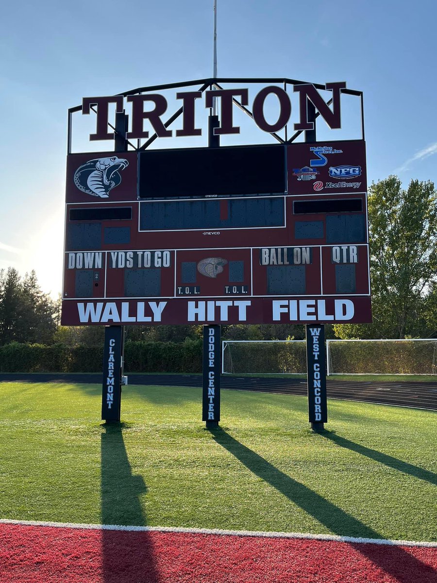 Triton_Cobra_FB's tweet photo. Thank you to all that made it possible to get some new pads for the scoreboard at Wally Hitt Field. The Pads give love to the 3 wonderful communities that make up the Triton School District. Thanks to all 3 of the communities that give so much to our program and our school. https://t.co/mrEdzJMX7y