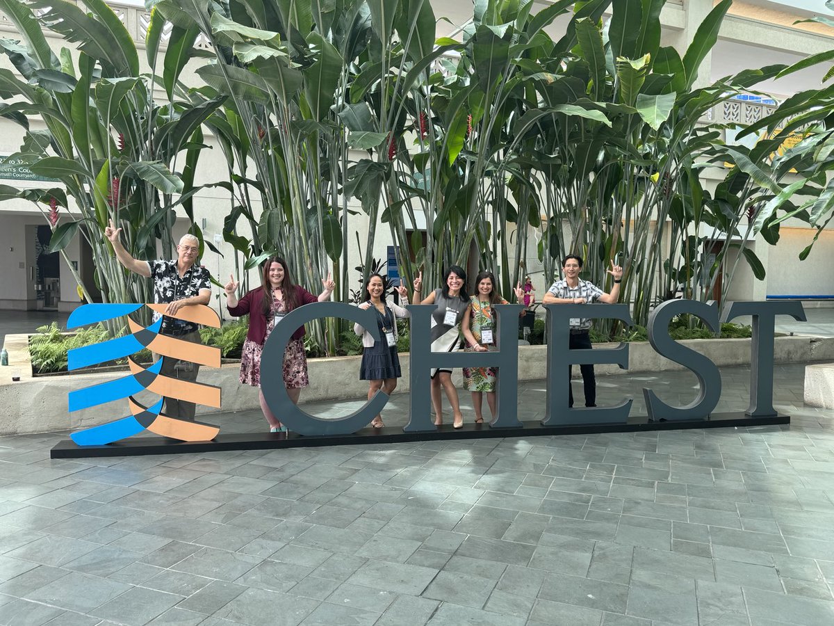 The obligatory CHEST sign photo as my Red Raider PCCM family gives guns up and says thank you to ⁦<a href="/accpchest/">CHEST</a>⁩ ⁦<a href="/AneesaDas/">Aneesa Das, MD, FCCP, FAASM</a>⁩ ⁦<a href="/gbosslet/">Gabriel Bosslet</a>⁩ ⁦<a href="/accpchest/">CHEST</a>⁩ #CHEST2023 #workfamily #lovemyfellows <a href="/schuh/">schuh</a>, Jenny Szabo