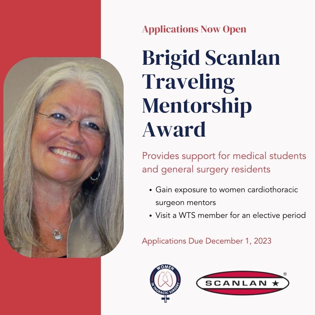 Applications are now open for the #WTS Brigid Scanlan Traveling Mentorship Award. Applications are due December 1st. Apply Here: bit.ly/3rDDPGH Thank you to @ScanlanInc for your support of this award and the Women in Thoracic Surgery! @WomenInThoracic