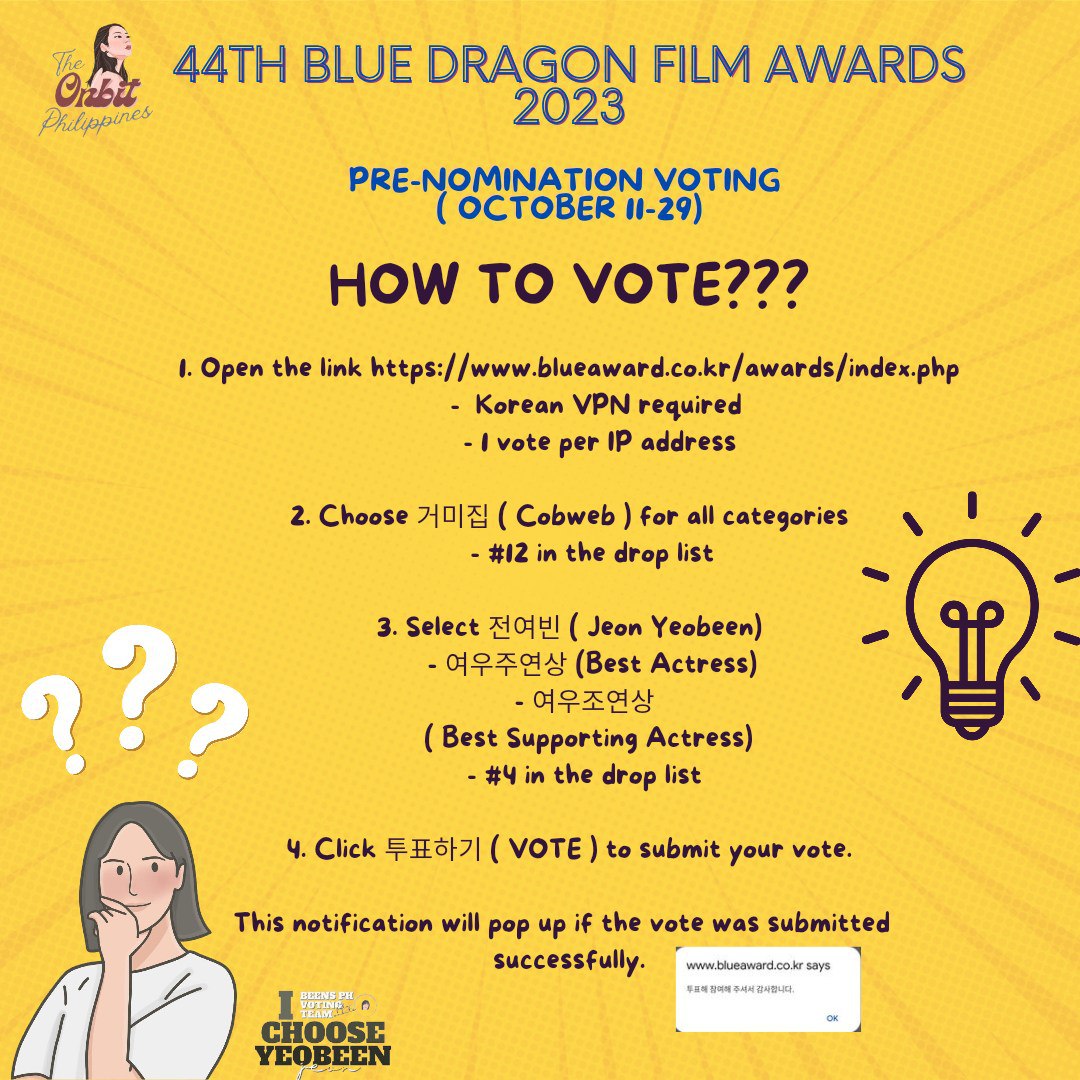 theonbitphvote's tweet photo. 🏆 44th  BLUE DRAGON FILM AWARDS 🏆

PRE - NOMINATION VOTING
( October 11- 29 )

🚨 VOTING GUIDE 🚨

🖇️ https://t.co/eXa4MVTNkq

Choose Jeon YeoBeen. Always!

#JeonYeoBeen #전여빈 
#Cobweb #거미집 https://t.co/hHcVt7eROm