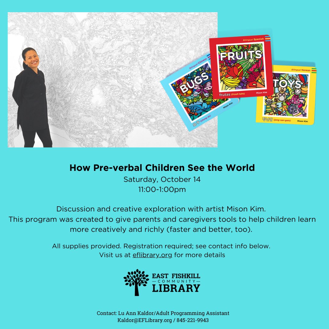 Cageybaby1's tweet image. GM 🤗

Mison Kim - How Pre-verbal Children See the World

I’m having an event this weekend.

East Fishkill Community Library in New York’s Hudson Valley
Saturday, October 14th, 11:00 - 1:00pm
#KNFT #childernsbooks #visuallearning #childerneducation #eflibrary