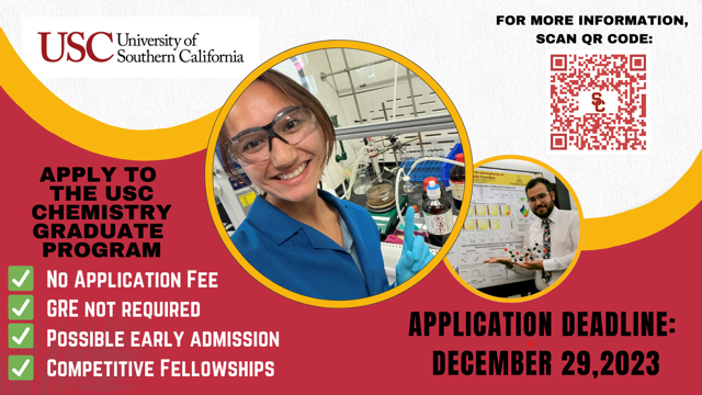 Join us at @USCChemistry for innovative inorganic chemistry research focused on sustainability and materials. Live in the heart of vibrant, fun, multicultural LA and discover endless possibilities! Apply today with NO application fee! #chemtwitter #graduateschool #LA