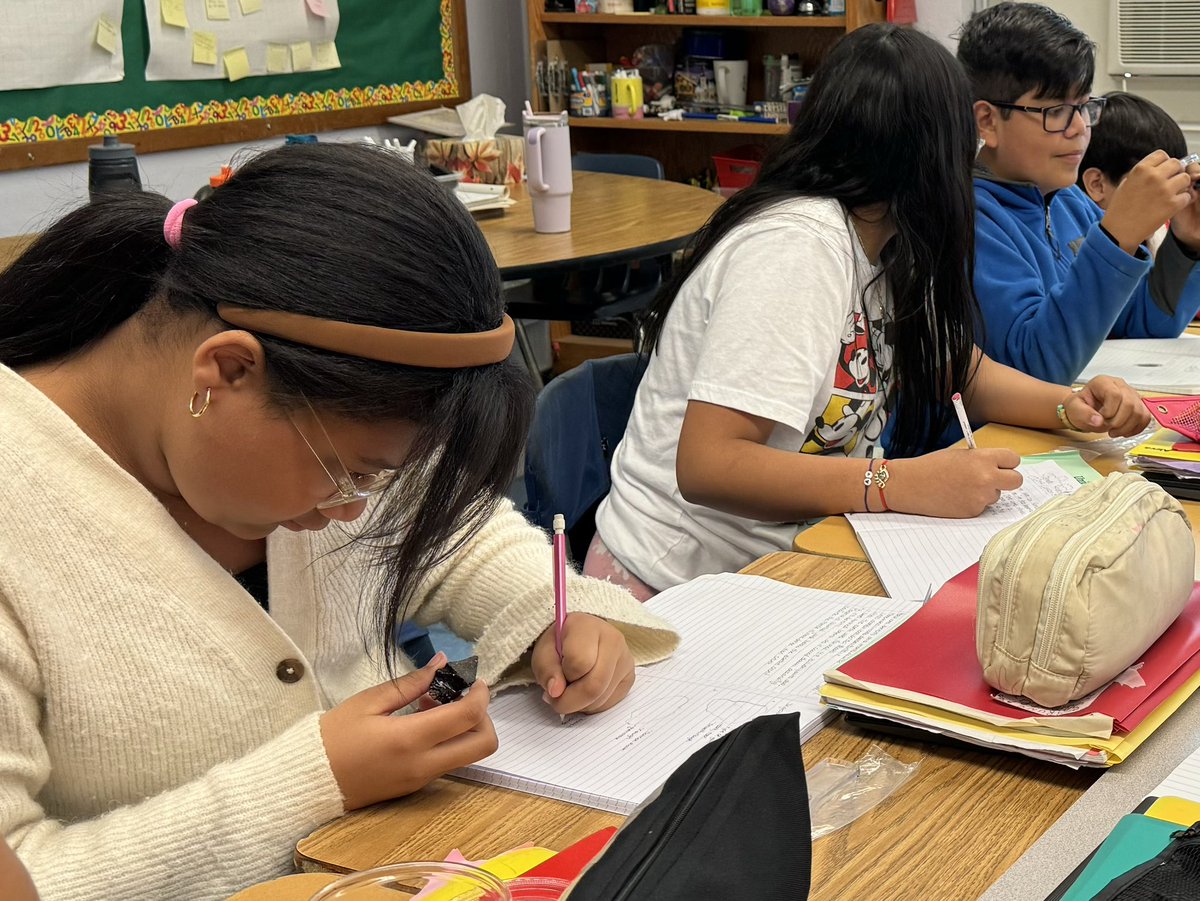 MrsBruno35's tweet photo. Observing, sketching, and describing our igneous rocks. So cool to see what was once in or near a volcano. @OSchool4 @kbiaflynn https://t.co/v4WSGLe6ux