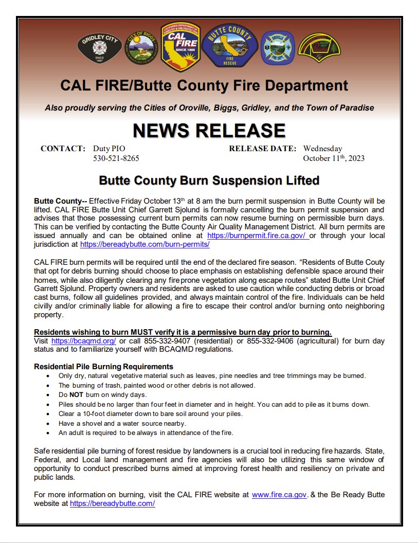 CALFIRE_ButteCo's tweet image. Butte County Burn Suspension lifted this Friday. See the News Release for more details.  #BeReadyButte