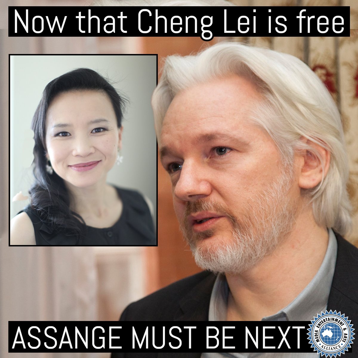 The release of Cheng Lei is a testament to the tireless advocacy of #MEAAmedia and #PressFreedom supporters across the globe. 

Now it's time for Julian Assange to come home.

We urge <a href="/AlboMP/">Anthony Albanese</a> to raise his case when he next meets <a href="/POTUS/">President Donald J. Trump</a> in Washington.

#FreeAssange #FreeAssangeNOW