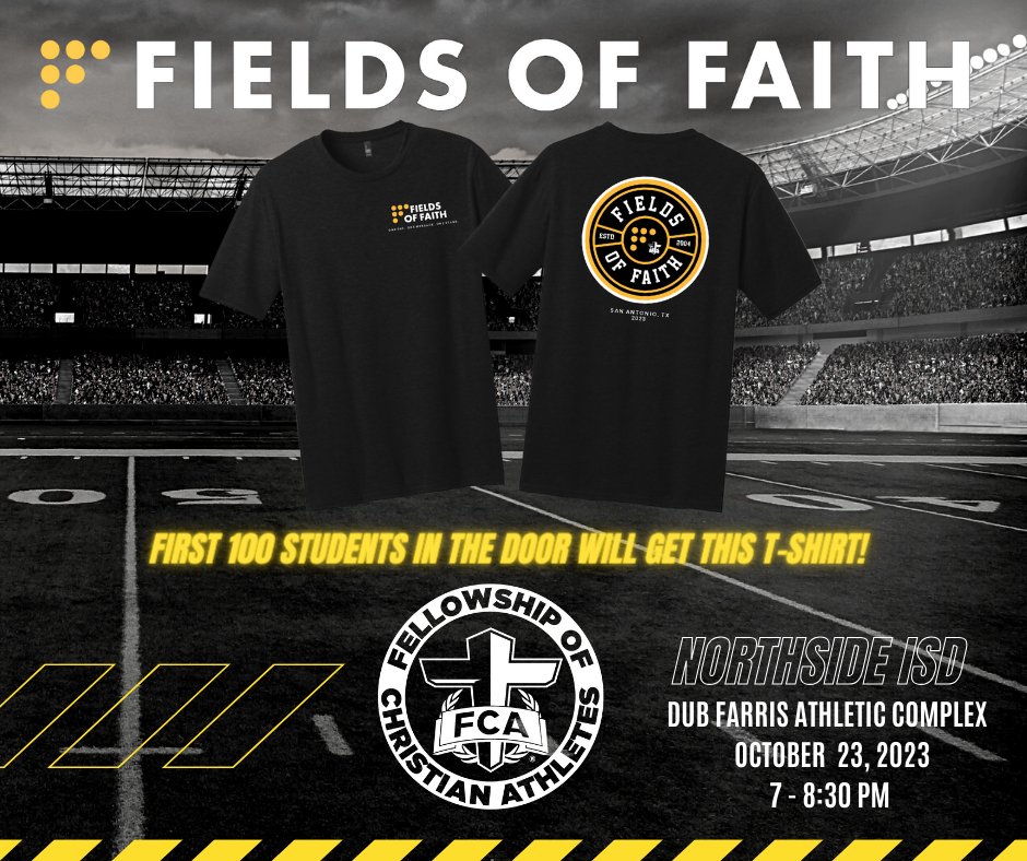 OCathletics1819's tweet photo. ๐ฃ๏ธ ๐๐๐๐๐๐ก๐ ๐๐๐ ๐ฆ๐ง๐จ๐๐๐ก๐ง๐ฆ
Come on out to our 1st FCA Fields of Faith event of the season!! First 100 students will receive this pretty cool shirt! ๐ #CreatedForAPurpose
@NISD_Athletics l @FCASanAntonio https://t.co/h5F78MNyFZ
