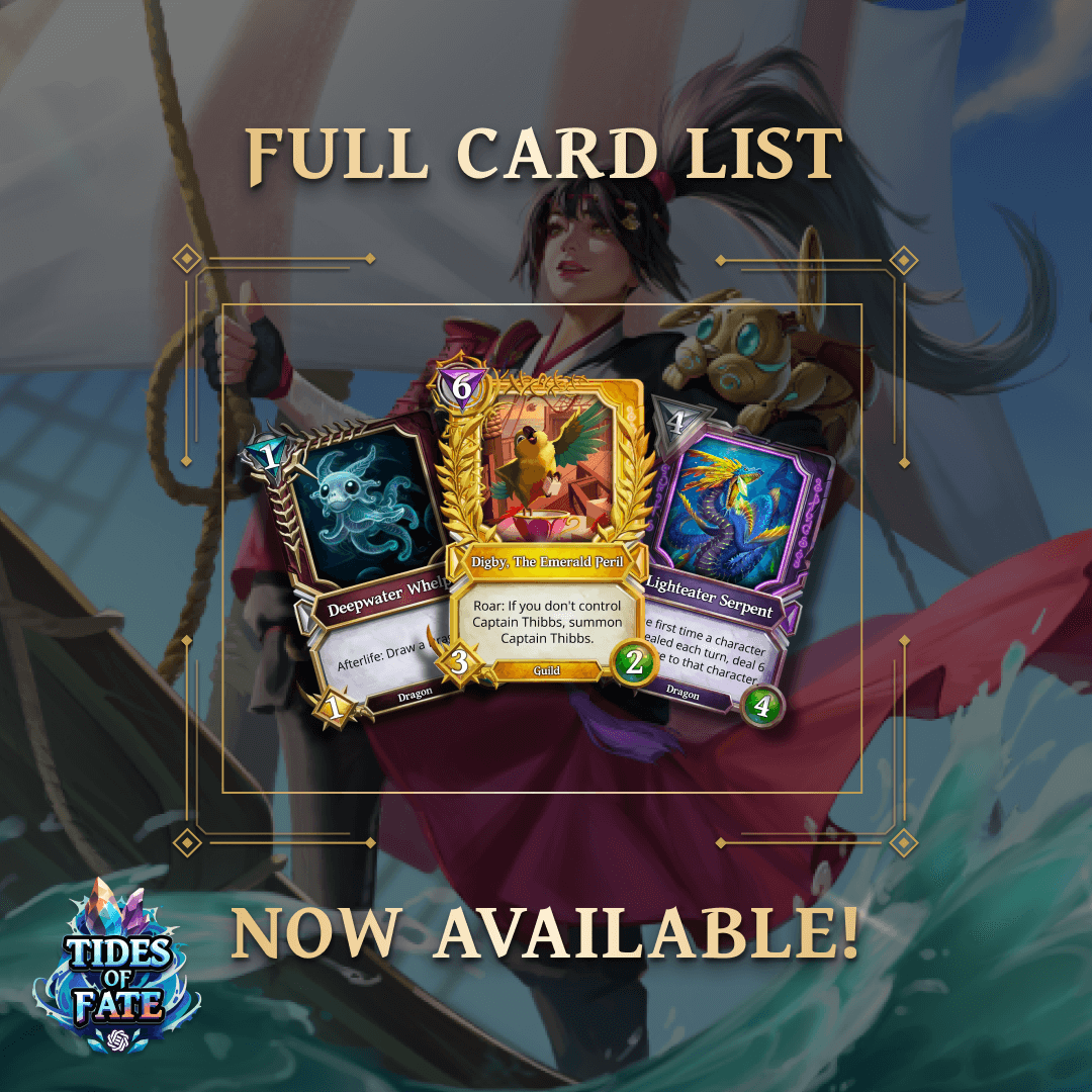 You've seen some Legendaries   

You've seen sneak peeks 👀  

You've asked for the full list 

The complete Tides of Fate set 🌊  

Now viewable on our website 👉 playgu.co/tof-fullset