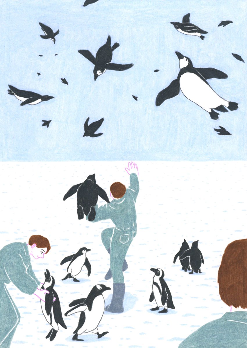 「ペンギンたちを空に飛ばすお仕事(京都で開催中の保護動物のためのチャリティ個展で原」|谷小夏のイラスト