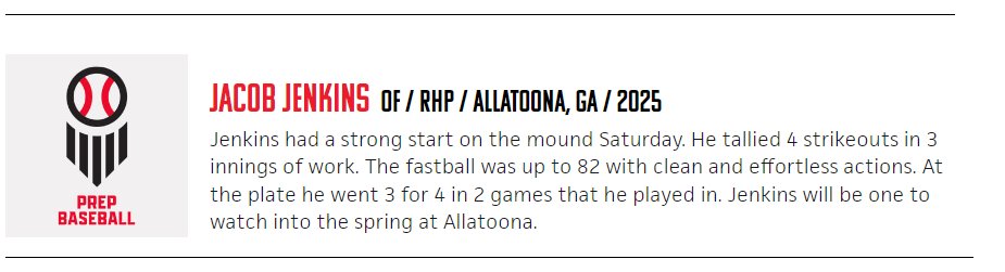 Jacob Jenkins (@jacobjenkins25) on Twitter photo Thank you <a href="/PBRGeorgia/">Prep Baseball Georgia</a> for the write-up as one of the 2025 uncommitted prospects to watch. It is both an honor and a blessing to be a part of PBR and its tournaments.
prepbaseballreport.com/news/GA/underc…
<a href="/ahsbucsbaseball/">Allatoona Baseball</a> <a href="/BUncommitted/">Baseball_Uncommitted</a> Thank you <a href="/PBRGeorgia/">Prep Baseball Georgia</a> for the write-up as one of the 2025 uncommitted prospects to watch. It is both an honor and a blessing to be a part of PBR and its tournaments.
prepbaseballreport.com/news/GA/underc…
<a href="/ahsbucsbaseball/">Allatoona Baseball</a> <a href="/BUncommitted/">Baseball_Uncommitted</a>