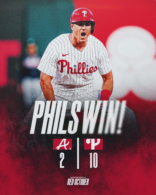 Phils win! Final Score graphic: Braves 2, Phillies 10. Photo is of J.T. Realmuto celebrating and yelling at second base after hitting an RBI double. He’s wearing the red pinstripes Phillies uniform.