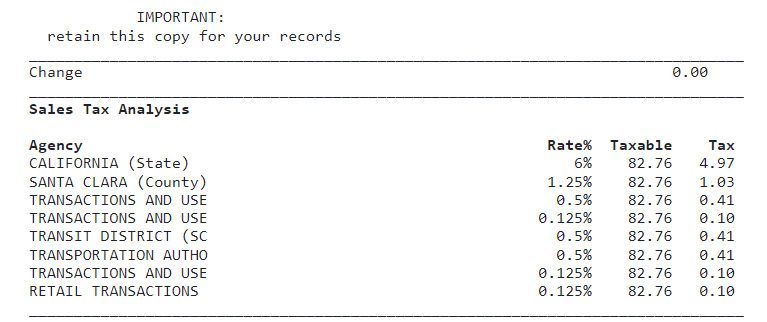 Shown on a sales receipt at <a href="/StanfordMall/">Stanford Shopping</a> (where it looks like they run retail on a 1970's mainframe) #salestax
