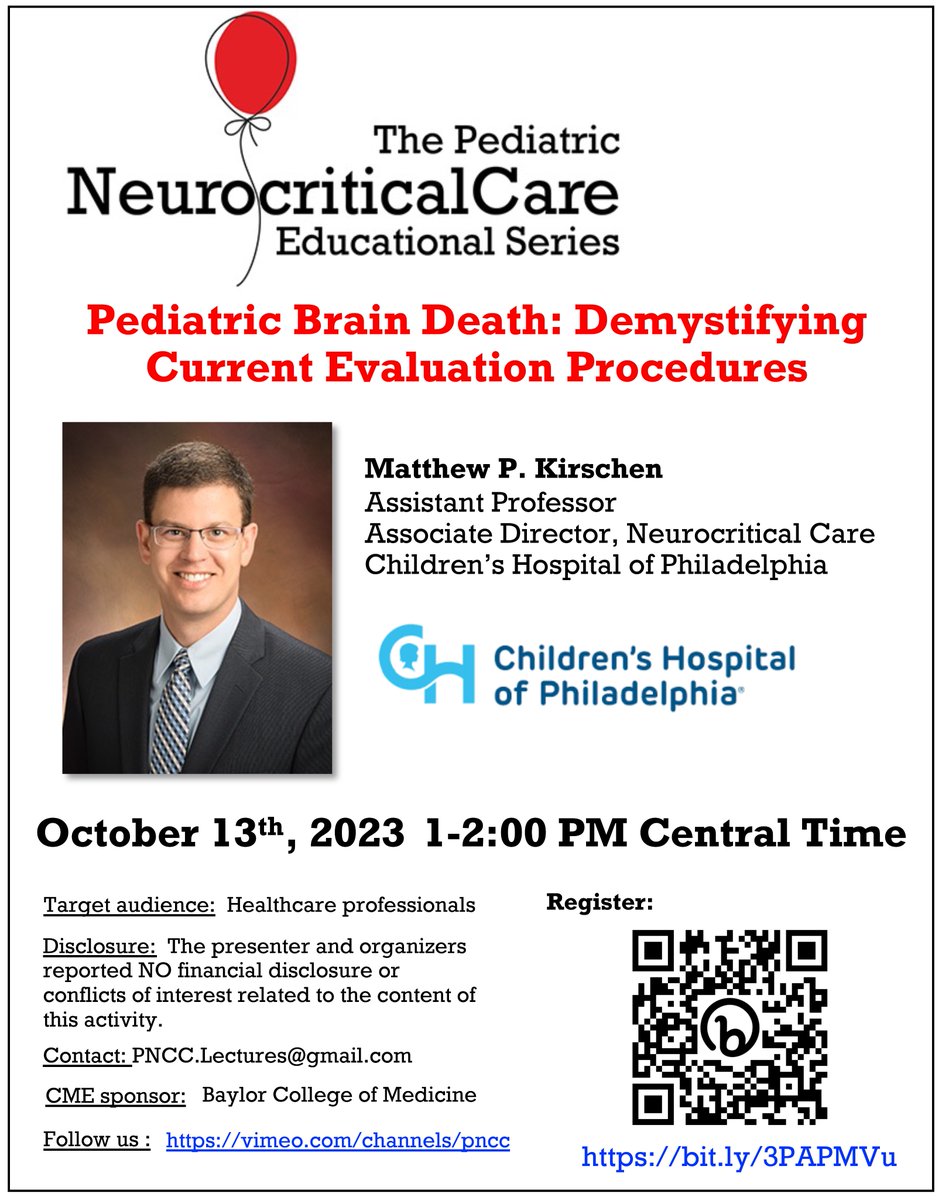 🌟#NeuroPICU Education Series🌟 🔥Hot off the Press: 2023 Brain Death Determination Guidelines: What's new and impacts on practice By: Matthew Kirschen, MD, PhD @MattKirschen Co-author of the guideline 🗓️Friday, 1-2PM CST ✅Register: bit.ly/3PAPMVu #PedsICU RT!❤️