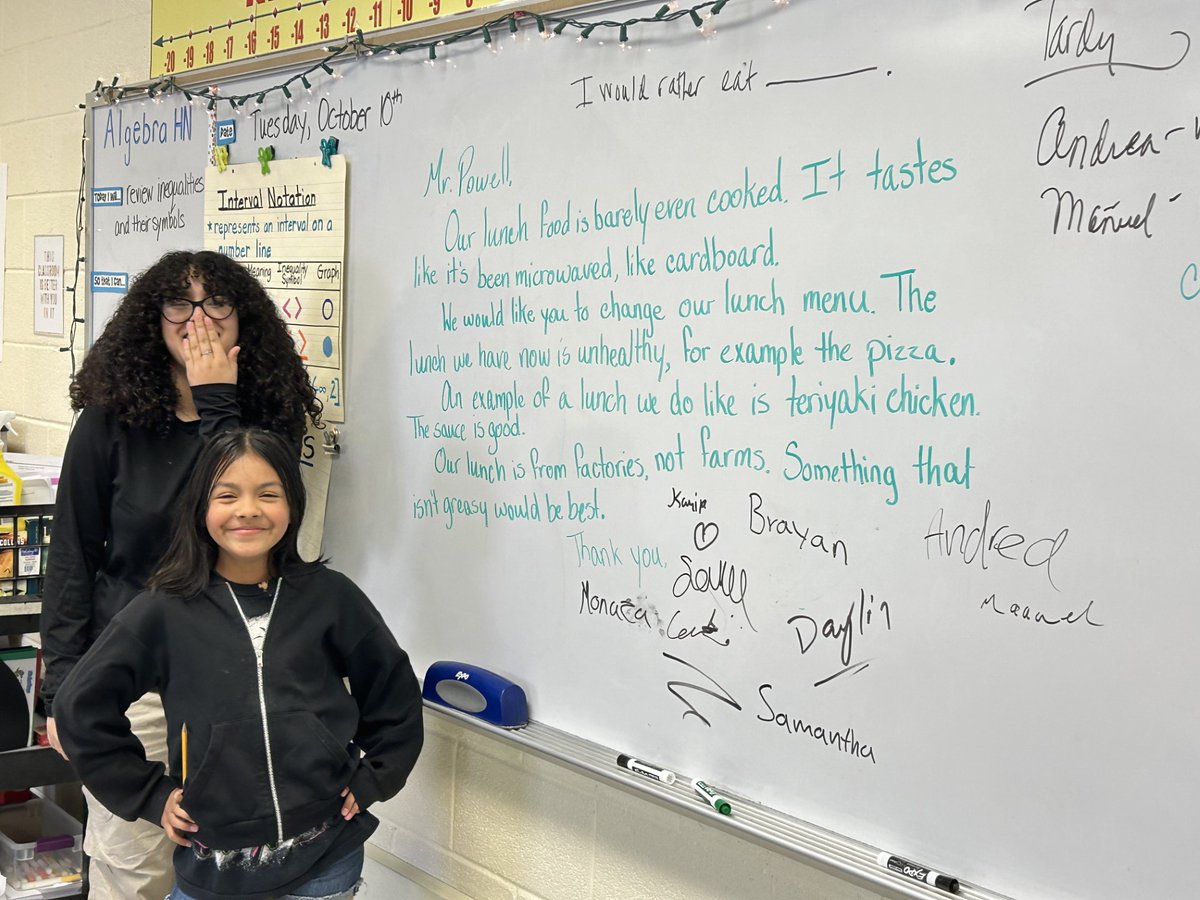 Students in Ms. Abuelhawa's ESOL class are working on persuasion and they wrote this letter as a class to <a href="/VictorLeonPowe1/">Victor Leon Powell</a> to persuade you to change the lunch menu choices. 🥗 🥙 🥪 So proud of their collaboration and sharing of their ideas! <a href="/GlasgowMS/">Glasgow MS</a> #ASoSAdoeswhat #onevoice