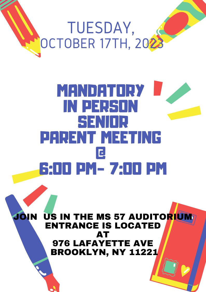 For parents who missed the first session there's a in person senior meeting happening next week Tuesday in the auditorium. Looking forward to seeing you there.