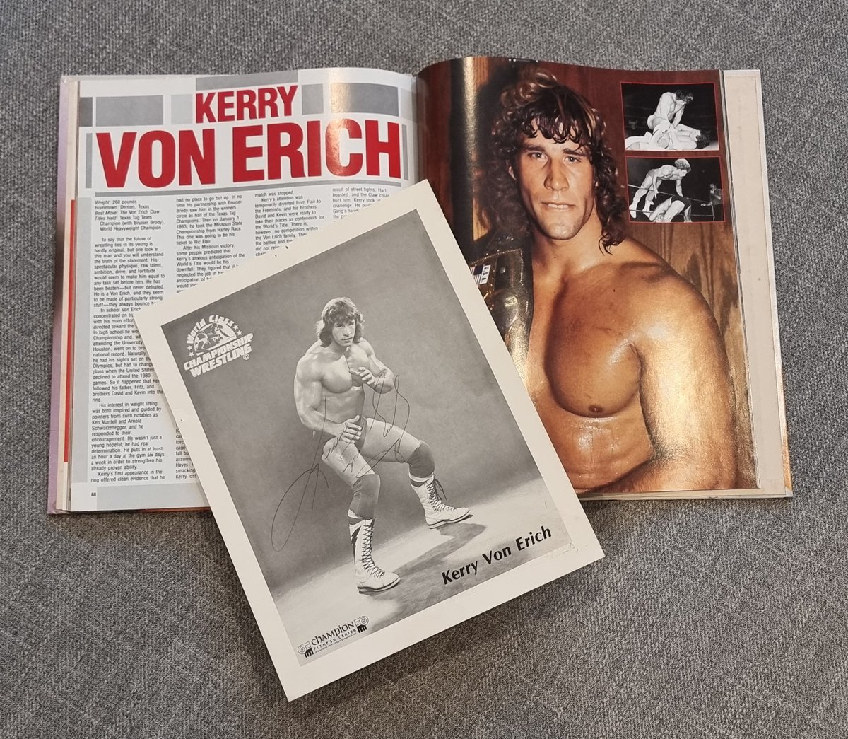 Looking forward to the upcoming 'The Iron Claw' movie. Here's an original WCCW signed promo photo of Kerry Von Erich from the '80s.
#TheIronClaw
#kerryvonerich