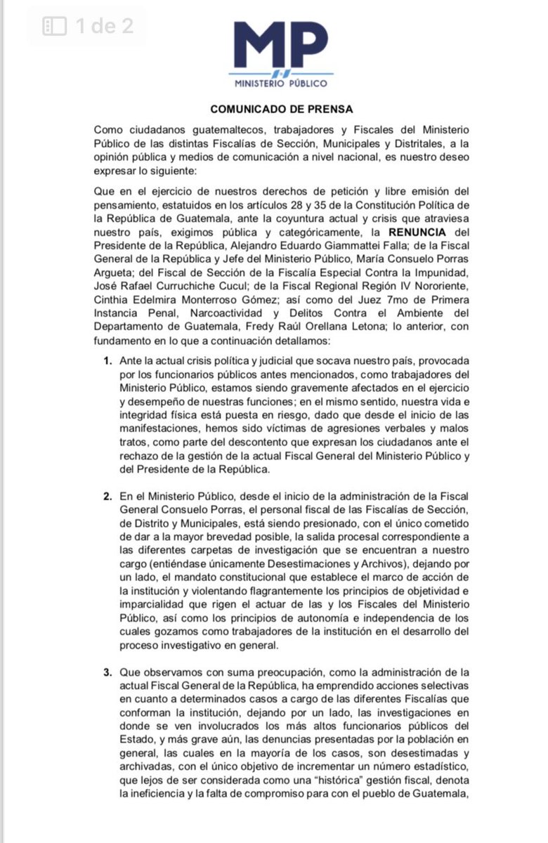 PrensaComunitar's tweet photo. #Urgente 🚨Fiscales del MP  desde el anonimato emiten un comunicado y piden renuncia de la fiscal general del MP, María Consuelo Porras. 

Fiscales piden la renuncia del presidente Giammattei y los fiscales de la FECI y otros vinculados al golpe de Estado. 📢

#ParoNacionaIndefinido