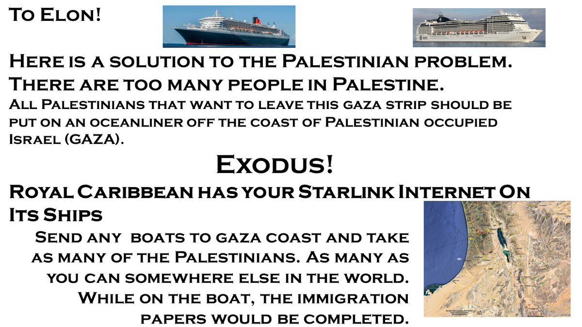 TseHempCo's tweet photo. @Tesla @elonmusk Move palestinians that are tired of the fight and will emigrate. @UN @elonmusk @Tesla @RoyalCaribbean @POTUS @VP @imPenny2x https://t.co/lq7BAxCGWX