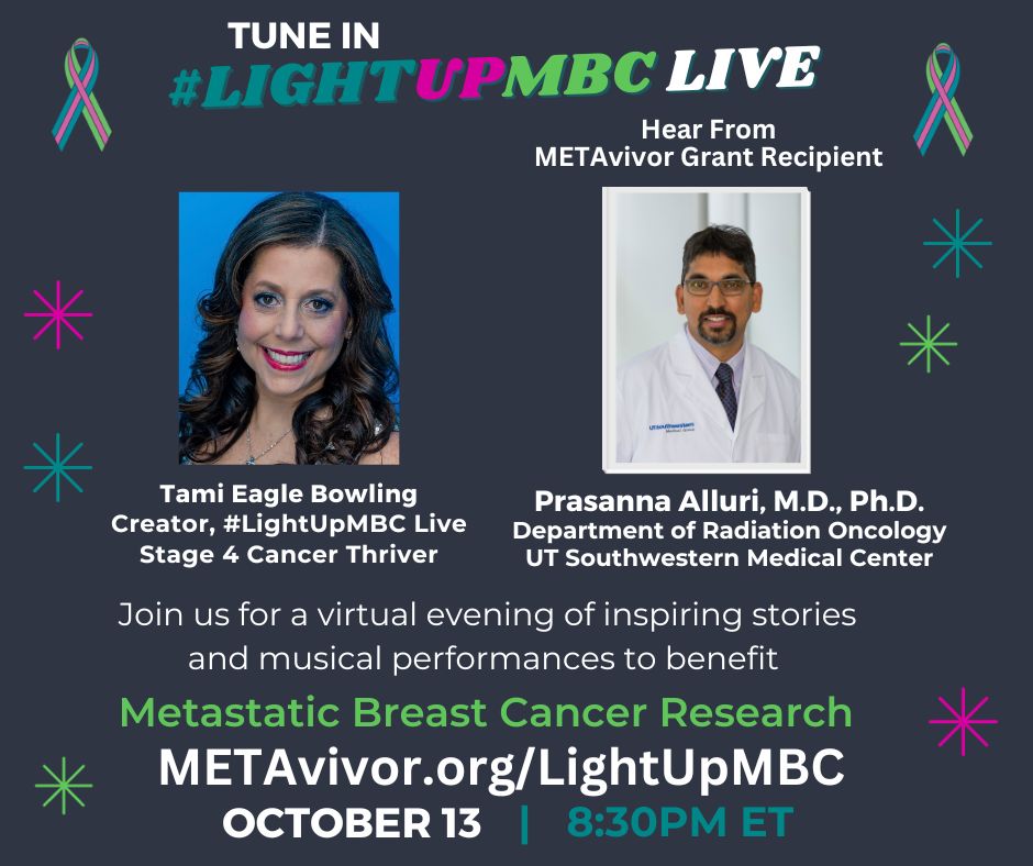UTSW_RadOnc's tweet image. Tune in to #LightUpMBC Live Friday at 7:30 p.m. (CST) on bit.ly/3ZZnUzh, metavivor.org, or bit.ly/45mWIM0.

#LightUpMBC Live will feature inspiring stories, celebrity guests, musical performances, and Dr. @PrasannaAlluri, one of our breast physicians.