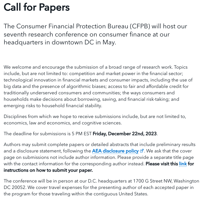 🚨Submit your consumer finance papers for the 7th @CFPB research conference 🚨 Deadline: Friday, December 22, 2023 Conference: May 2024 How to submit: consumerfinance.gov/data-research/…