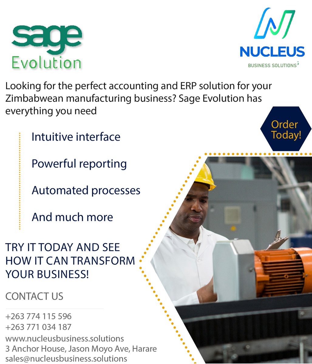 NucleusBusines1's tweet image. Looking for the perfect accounting and ERP solution for your Zimbabwean manufacturing business? Sage Evolution has everything you need.

#nucleusbusinesssolutions
#sageEvolution