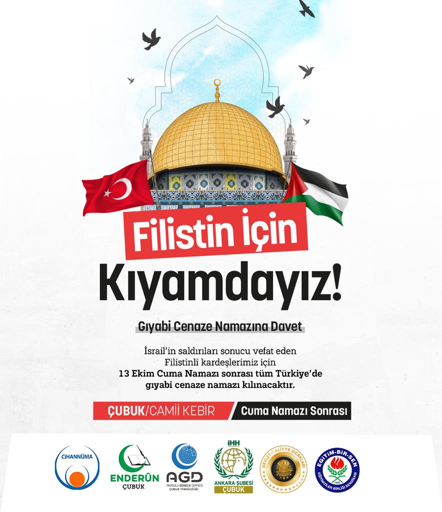 🇵🇸 Filistin için kıyamdayız!

İsrail’in saldırıları sonucu vefat eden kardeşlerimiz için, 13 Ekim Cuma namazı sonrası tüm Türkiye’de gıyabi cenaze namazı kılacağız.

🔴 Gıyabi cenaze namazı, 
Çubuk CAMİ-İ KEBİR'de kılınacaktır.

@Cihannumader
@ihhcubuk
@agdorgtr
@Enderunvakfi