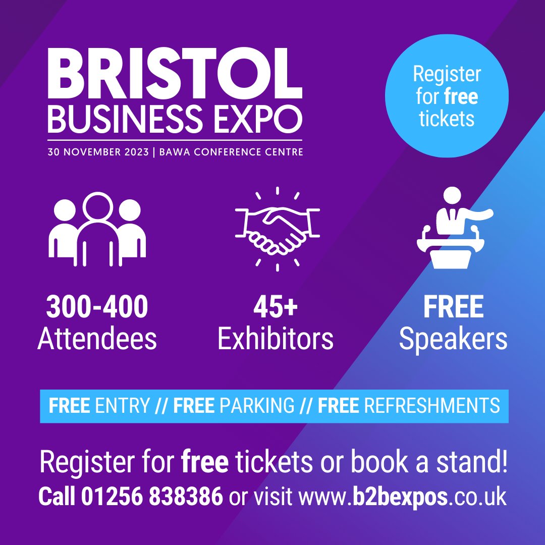 ExpoBristol's tweet photo. 250-350 local businesses will be at the Bristol Business 2 Business Exhibition on 30th November at BAWA Conference Centre - Don't miss your chance to attend and make new connections 🤝 #BristolExpo https://t.co/oXIOZezBnn https://t.co/3txh0XqhDn