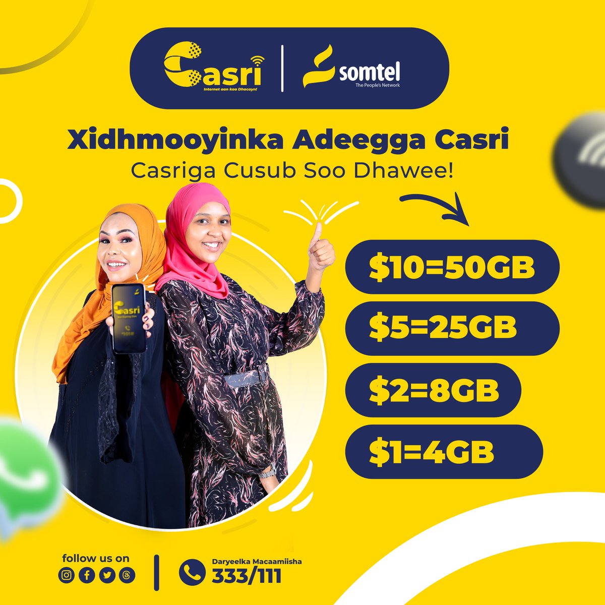 CASRI BUNDLE
Xidhmooyinka Adeega Cusub ee CASRI. Ku shubo oo isicmaal meelkasta oo aad ku sugantahay. Hada kaga shubo *101#

#Somtel
#Casri
