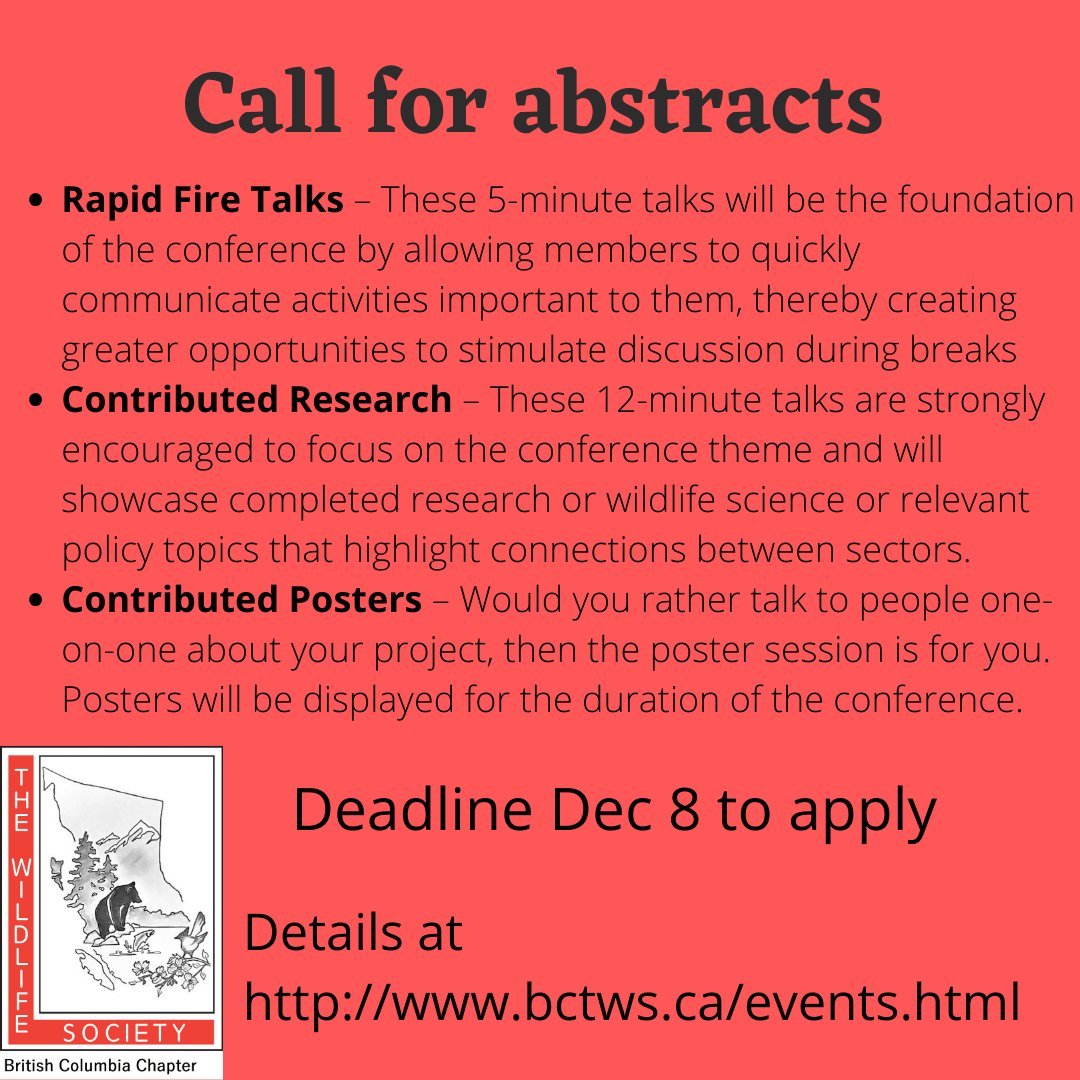 Submit your abstract for your rapid fire talk, contributed research or poster by December 8th, 2023.  More information on the BC TWS website
forms.gle/mnngpujPwaiFR4…