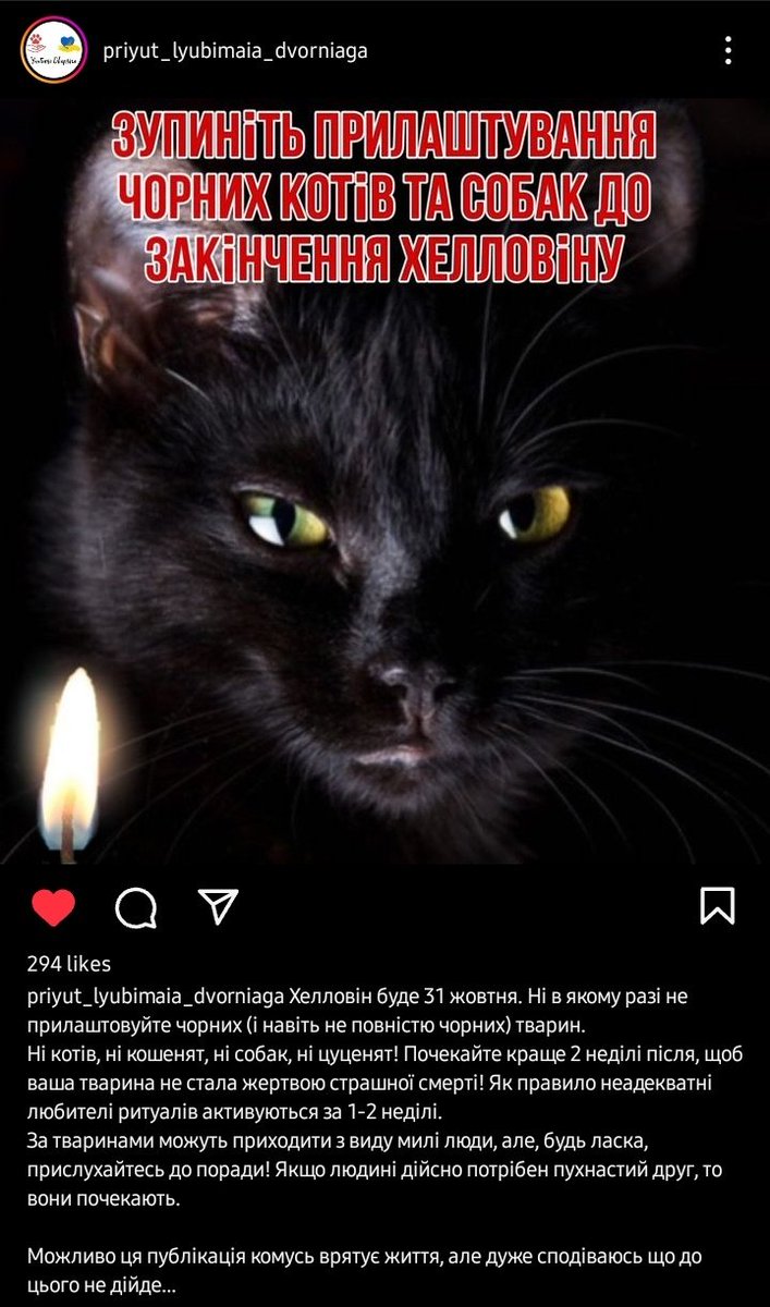 Волонтери і притулки закликають не віддавати чорних тварин і навіть тих, що не повністю чорні, у "добрі руки" до Хелоуіну.
Ми вже зтикалися з сатаністами, які брали цуценят для ритуалів. Спробуйте уявити, як війна діє на ту єдину клітину мозку ритуалістів. А тут ще й привід такий