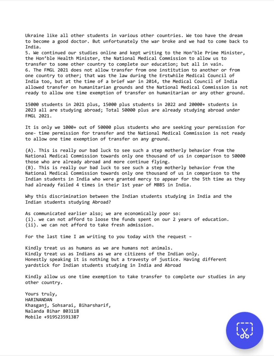 RPNandan5's tweet photo. @PMOIndia, @MoHFW_INDIA
This is really a step motherly behavior from the @NMC_IND towards Ukraine returned 1000 students in comparison to the Indian students in India.
 
Why is this discrimination between the Indian students studying in India and the Indian students studying abroad?
 
We can not afford to lose the funds spent on our 2 years of education.
We can not afford to take fresh admission.

1. Kindly treat us as humans as we are humans, not animals.
2. Kindly treat us as Indians as we are citizens of the Indian only.

Honestly speaking, it is nothing but a travesty of justice; having different yardsticks for Indian students studying in India and Abroad
 
Kindly allow us a one-time exemption to take a transfer to complete our studies in any other country.