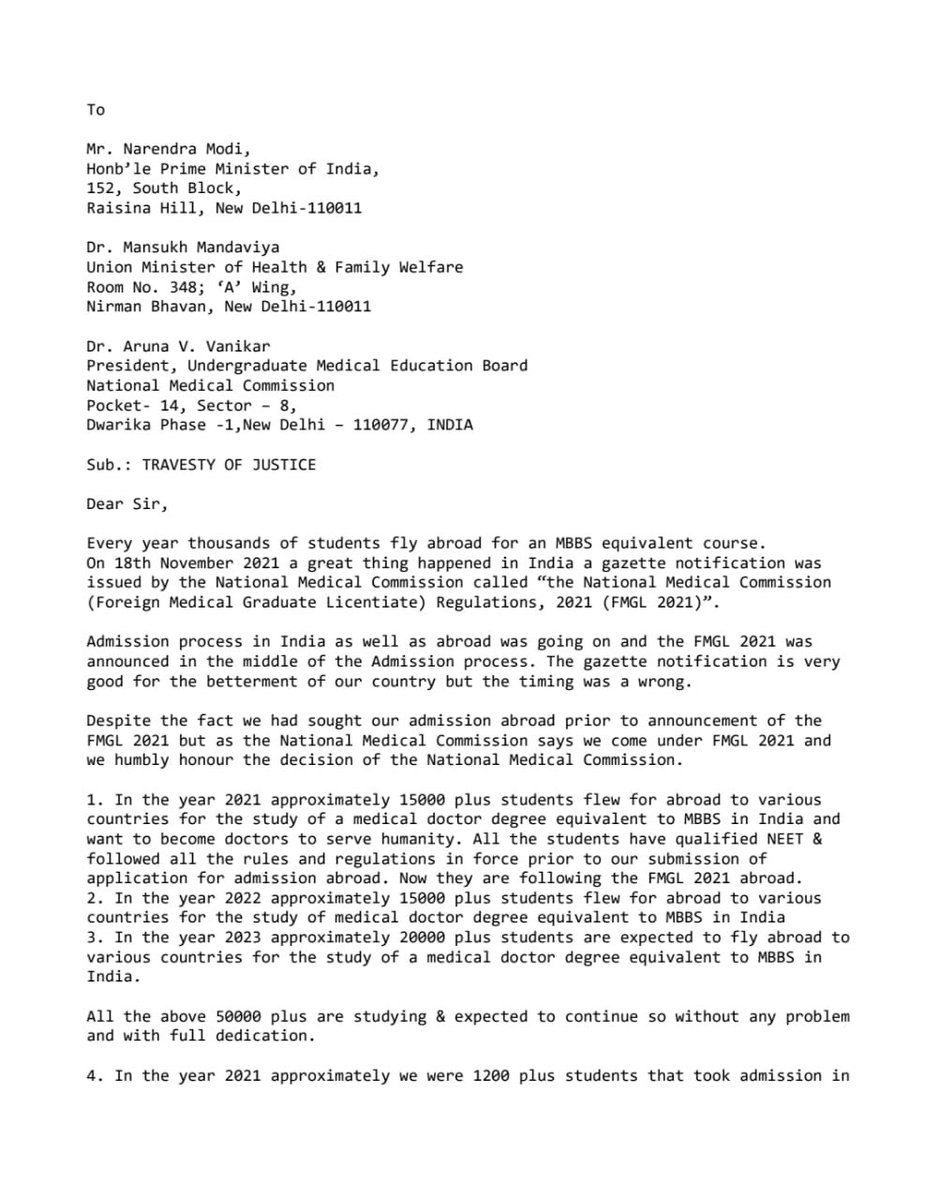 RPNandan5's tweet photo. @PMOIndia, @MoHFW_INDIA
This is really a step motherly behavior from the @NMC_IND towards Ukraine returned 1000 students in comparison to the Indian students in India.
 
Why is this discrimination between the Indian students studying in India and the Indian students studying abroad?
 
We can not afford to lose the funds spent on our 2 years of education.
We can not afford to take fresh admission.

1. Kindly treat us as humans as we are humans, not animals.
2. Kindly treat us as Indians as we are citizens of the Indian only.

Honestly speaking, it is nothing but a travesty of justice; having different yardsticks for Indian students studying in India and Abroad
 
Kindly allow us a one-time exemption to take a transfer to complete our studies in any other country.
