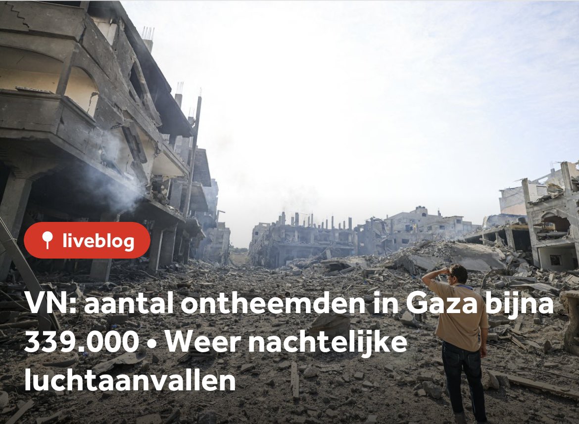 Dag 5 na ‘Israël heeft het volste recht op zelfverdediging’ van VVD, GroenLinks/PvdA, D66. 

1200 doden
5600 gewonden
339.000 ontheemden

#GazaUnderAttack