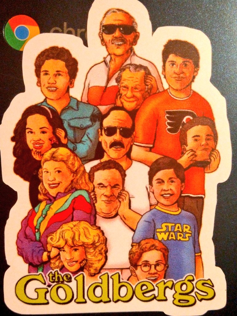 GodMother1086's tweet photo. @adamfgoldberg @goldilocks405 LOVING MY NEW STICKERS FROM #Redbuddle I LOVE THE REAL @TheGoldbergsABC sticker holding the cast face&ILOVE that the handsome #AlbertSolomon is in the sticker #WELOVEPOPS check out Redbuddle 4TONS more #GoldbergsMerch getting a sweatshirt-The1stPic https://t.co/hK9dgEJGj5