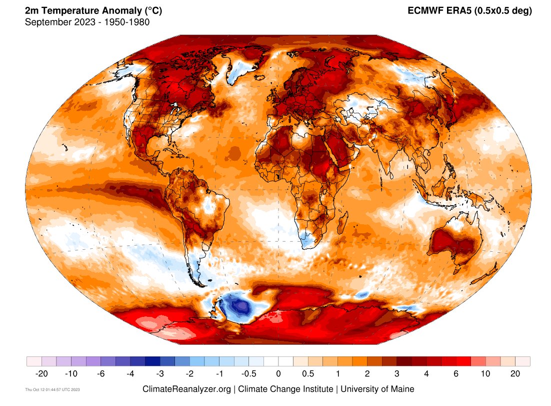 WeatherProf's tweet photo. I'm a child of the 70s... Just how warm was September 2023 compared to a 30 year baseline centered around that? Here you go, in degrees C. https://t.co/d8PFa9K2zY
