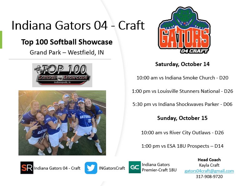 INGatorsCraft (@ingatorscraft) on Twitter photo Added two more commits this past weekend 👀! Still have 8 uncommitted that you don’t want to miss! Schedule for this weekend at the Top 100 in Westfield, IN is attached. Come check us out!! @CoachFentonBG <a href="/Coach_pooch/">Mike “Pooch” Perniciaro</a> <a href="/Quaker_softball/">Earlham College Softball</a> <a href="/ScottHallBUCamp/">Scott Hall Softball Camps</a> <a href="/coacherica9/">Erica Leigh Hanrahan</a> <a href="/CoachSWillis22/">Sarah Willis</a> Added two more commits this past weekend 👀! Still have 8 uncommitted that you don’t want to miss! Schedule for this weekend at the Top 100 in Westfield, IN is attached. Come check us out!! @CoachFentonBG <a href="/Coach_pooch/">Mike “Pooch” Perniciaro</a> <a href="/Quaker_softball/">Earlham College Softball</a> <a href="/ScottHallBUCamp/">Scott Hall Softball Camps</a> <a href="/coacherica9/">Erica Leigh Hanrahan</a> <a href="/CoachSWillis22/">Sarah Willis</a>