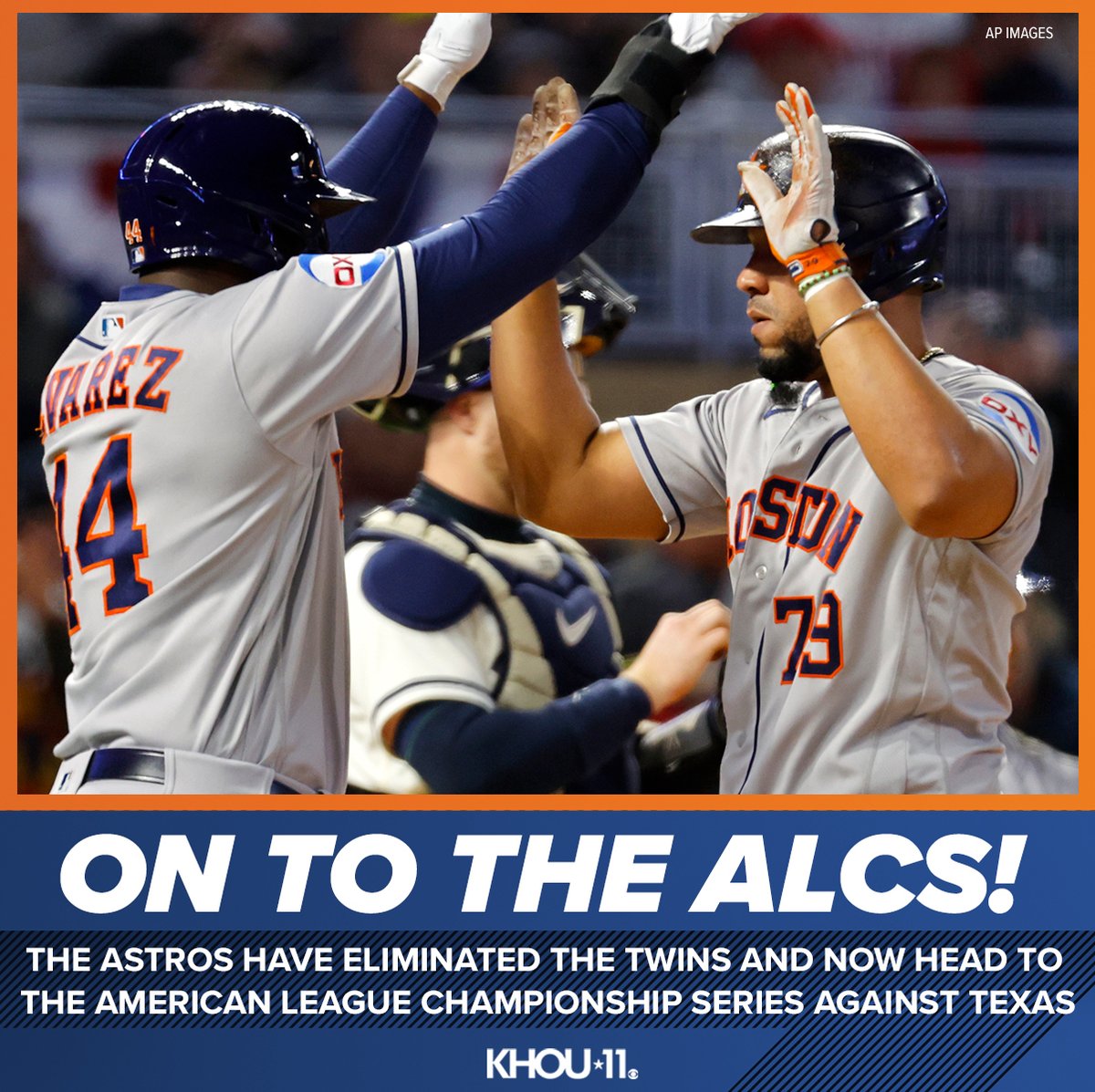 KHOU's tweet image. MOVING ON!! ⚾⚾⚾ The Houston Astros have eliminated Minnesota and now move on their seventh straight American League Championship Series where they'll face the Texas Rangers! #Ready2Reign @astros 

Game highlights: khou.com/article/sports…