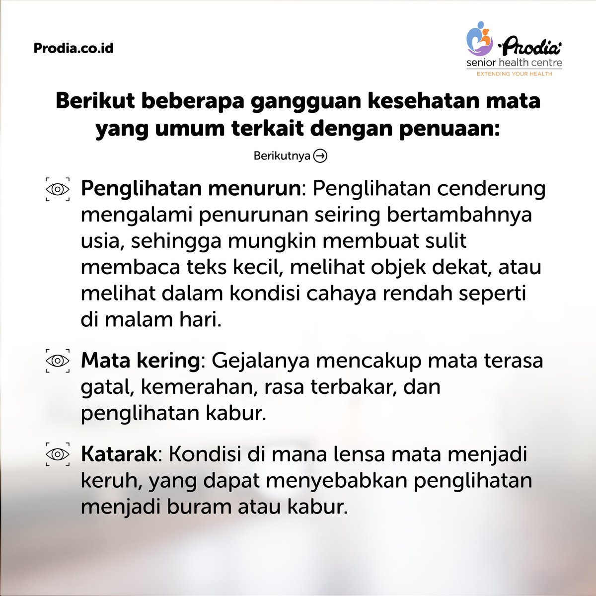 prodia_senior's tweet photo. Jaga kesehatan mata dengan baik dan konsultasikan dengan dokter mata secara rutin untuk mencegah masalah mata yang lebih serius.
#ProdiaSenior #KiniHinggaNanti #MelangkahLebihJauh #PersonalandPrecisePartner #KesehatanMata #WorldSightDay https://t.co/z9jQHih0EC