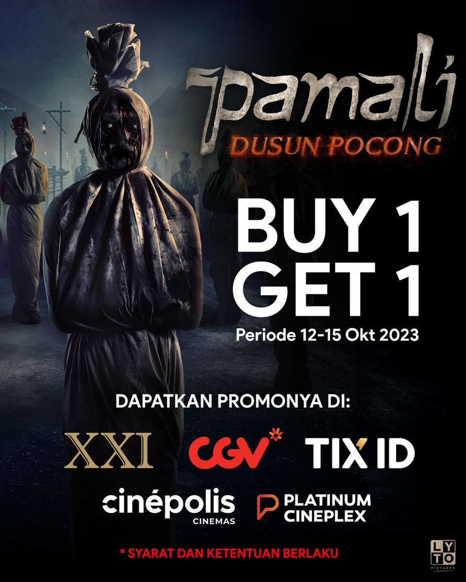 HabisNontonFilm's tweet photo. Buat yang mau nonton Pamali: Dusun Pocong. Ada promo buy 1 get 1 nih.

CGV kodenya: NANTIPAMALI
Cinepolis kodenya: DUSUNPOCONG
M-Tix &amp; Tix ID langsung aja pesan 2 tiket, nanti ada pilihan pakai voucher. Sikat!

Kalo mau cari temen nonton, reply ya. Kali aja nemu di sini 👇🏻 https://t.co/OPJp1Bd93n