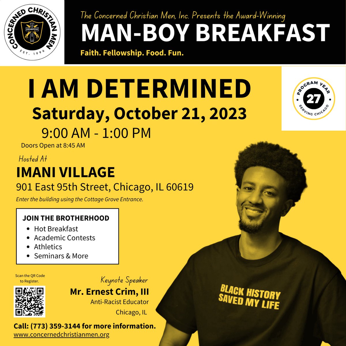 CCMChgo's tweet photo. Do you have a boy or young man in grades 4-12? Join us for our Man-Boy Breakfast on October 21, 2023, starting at 9am. Our keynote speaker this month is Ernest Crim, III (@MrCrim3). #Faith #Fellowship #Food #Fun https://t.co/flGbbZvCHt